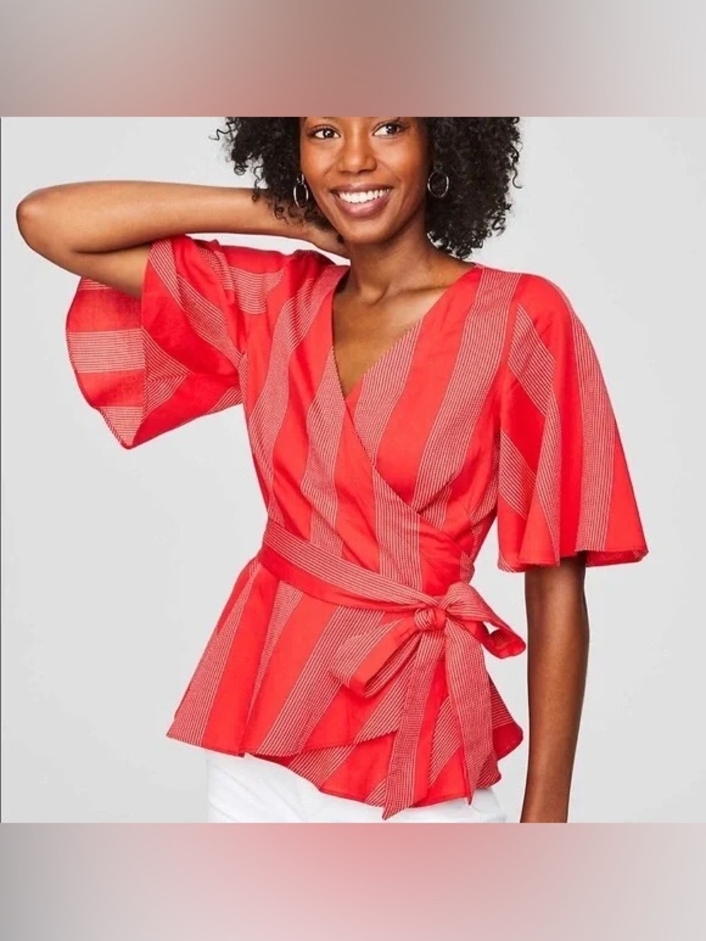LOFT Red Striped Wrap Peplum Blouse